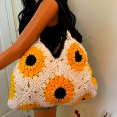 Handmade Crochet One Of A Kind Lined Yellow Crochet Tote Bag For Summer, Yellow Crochet Tote Bag For Vacation, Casual Yellow Crochet Bag For Summer, White Square Crochet Bag For Beach, White Square Crochet Beach Bag, White Square Crochet Bag For Vacation, Yellow Tote Bags For Day Out, Yellow Tote Bag For Day Out, Yellow Crochet Bag For Summer