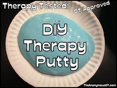 there is a paper plate with a blue substance on it that says diy therapy putty