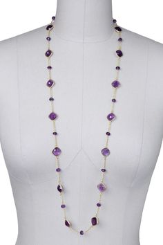 Gemstone Long Necklace Medium Purple Luxury Purple Necklace With Gemstone Beads, Luxury Amethyst Necklace With Gemstone Accents, Luxury Amethyst Necklaces With Natural Stones, Luxury Amethyst Necklace With Natural Stones, Luxury Purple Jewelry With Natural Stones, Luxury Purple Natural Stones Jewelry, Amethyst Briolette Necklace With Gemstone Accents, Luxury Amethyst Gemstone Beads Jewelry, Elegant Amethyst Stone Necklaces