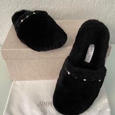 Jimmy Choo Black Fuzzy Slippers With Crystal And Pearl Bead Detailing. Size 36 (U.S 6). Brand New In Box. Retail $695. Slippers Black, Fuzzy Slippers, Women's Slippers, Jimmy Choo Shoes, Pearl Beads, Womens Slippers, Jimmy Choo, Slippers, Size 6