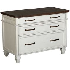 a white dresser with two drawers and a wooden top on the bottom, against a white background