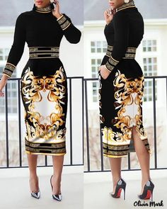 Color: black, Size: S Elegant Printed Midi Dress For Evening, Elegant Printed Dresses For Night Out, Elegant Long Sleeve Printed Midi Dress, Fitted Baroque Print Spring Dress, Spring Fitted Dress With Baroque Print, Spring Fitted Baroque Print Dress, Fitted Baroque Print Dress For Spring, Elegant Spring Dress With Baroque Print, Formal Printed Midi Dress