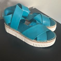 Never Worn, No Defects. I Tried These On And They Are So Comfy! Light Blue Round Toe Sandals For Summer, Light Blue Flat Heel Sandals For Summer, Light Blue Platform Sandals With Ankle Strap, Light Blue Ankle Strap Sandals With Platform, Light Blue Sandals With Round Toe For Beach, Light Blue Round Toe Sandals For Beach, Light Blue Platform Sandals With Synthetic Material, Blue Closed Toe Wedge Sandals For Summer, Blue Closed-toe Wedge Sandals For Summer