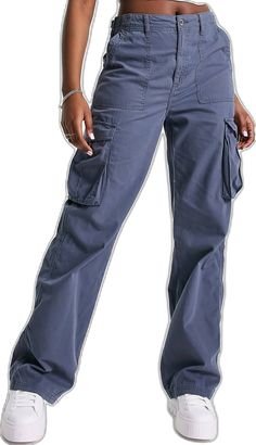 Blue Full-length Cargo Pants For Fall, Trendy Blue Cargo Pants For Fall, Trendy Mid-rise Cargo Pants, Trendy Mid-rise Cargo Pants With Pockets, Mid-rise Cargo Pants For Streetwear, Relaxed Fit Straight Cargo Pants, Blue Cargo Bottoms For Fall, Casual Blue Pants With Flap Pockets, Fall Blue Bottoms With Cargo Pockets