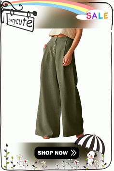 Army Green Cotton Linen Button High Waist Wide Leg Pants Green Relaxed Fit Bottoms With Button Closure, High Waist Wide Leg Pants With Button Closure, Wide-leg Relaxed Fit Pants With Button Closure, Relaxed Fit Wide-leg Pants With Button Closure, Summer Straight Pants With Button Closure, Khaki Trousers With Button Closure, Relaxed Fit High-waisted Wide Leg Pants With Button Closure, Green Cotton Pants With Buttons, Khaki Wide Leg Pants With Button Closure