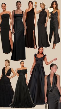 women in evening gowns and dresses from different eras to the same age, all wearing black