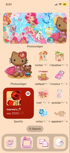 the hello kitty theme is shown in this screenshot from an iphone screen, and it appears to be on display