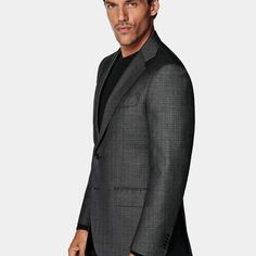 Cut to a tailored fit, this refined dark grey blazer is crafted with a classic two-button front, versatile flap pockets, and an unpadded shoulder for a more natural silhouette. Formal Gray Suit With Pockets, Gray Blazer With Double Button Closure And Notch Lapel, Classic Fitted Charcoal Outerwear, Gray Professional Blazer For Business Casual, Professional Gray Blazer For Business Casual, Formal Gray Outerwear With Double Button Closure, Gray Tailored Blazer With Pressed Crease, Gray Long Sleeve Suits With Welt Pockets, Gray Blazer With Notch Lapel And Welt Pockets