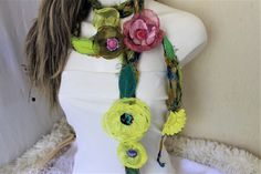 Boho Flower necklace, Colorful Crochet belt, Yellow Flower, Textil art pendant, Hippie Scarf, Unique Scarf, Colorful Flower, Woman gift Adjustable Bohemian Flower Necklace For Summer, Bohemian Flower Necklace For Summer, Bohemian Flower Necklace With Colorful Beads For Gift, Bohemian Flower Necklace For Summer Gift, Handmade Bohemian Jewelry For Spring, Green Jewelry For Spring Festival, Bohemian Multicolor Flower Necklace For Summer, Bohemian Spring Jewelry With Flower Decoration, Handmade Hippie Jewelry For Spring