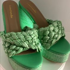 Brand New Wicker Wedge Casual Green Wedge Sandals For Spring, Green Summer Wedge Sandals With Platform, Summer Green Wedge Sandals For Vacation, Trendy Green Wedge Sandals For Spring, Green Wedge Sandals For Beach, Trendy Green Wedge Sandals For Vacation, Ribbon Slides, Womens Shoes Wedges, Slip On Sandal