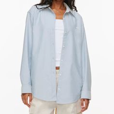 Aritzia Tna Oxford Shirt In Baby Blue! Size L - I’m A Small And Bought This For An Oversized Fit. Such A Versatile Piece That’s Great For Work Or Going Out! Bought For $88. Nwot. Sold Out On Website. Oversized Long Sleeve Light Wash Shirt, Oversized Light Wash Long Sleeve Shirt, Oversized Light Wash Cotton Tops, Relaxed Fit Light Blue Tops For Daywear, Oversized Light Wash Tops For Everyday, Light Blue Relaxed Fit Top For Daywear, Light Wash Oversized Tops For Everyday, Oversized Light Wash Button-up Top, Oversized Collared Light Blue Top