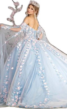 Debutante Ball Gown With Floral Applique And Fitted Bodice, Tulle Floor-length Quinceanera Dress For Pageant, Off-shoulder Tulle Quinceanera Dress For Prom Season, Off-shoulder Ball Gown For Prom Pageant, Floor-length Tulle Quinceanera Dress For Pageant, Floor-length Tulle Quinceanera Dress For Pageants, Off-shoulder Tulle Quinceanera Dress For Debutante Ball, Floral Applique Ball Gown For Prom, Floral Applique Ball Gown For Prom Season