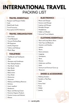 International Travel Packing List Spain Travel Essentials, International Carry On Packing List, Vacation Essentials List, International Travel Essentials List, International Travel Packing List, Travel List Packing, International Packing List, International Travel Packing, International Travel Checklist