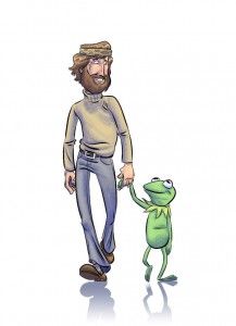 a man is holding the hand of a frog that is standing on its hind legs