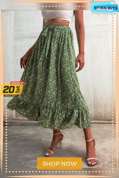 Women's Printed Ruffled Chiffon and Sweet Long Skirt Green Flowy Maxi Skirt For Spring, Flowy Green Maxi Skirt For Spring, Feminine Chiffon Skirt With Ruffles, Feminine Chiffon Ruffle Skirt, Spring Ruffled Maxi Skirt For Brunch, Flowy Ruffled Skirt For Brunch, Ruffled Skirt For Brunch, Spring Brunch Ruffled Maxi Skirt, Feminine Chiffon Bottoms For Summer