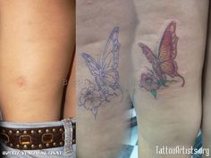 two different tattoos on the legs of women with flowers and butterflies painted on their thighs