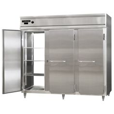 two stainless steel refrigerators with sliding doors on both sides and one door open to the other side