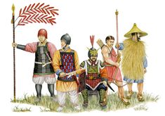 an illustration of some people dressed up in ancient costumes and holding spears, standing next to each other