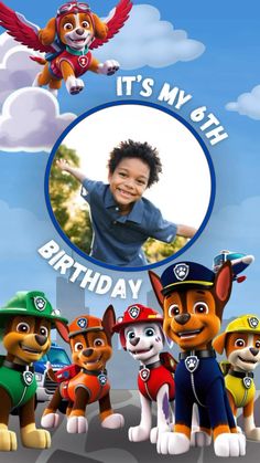 a birthday card with an image of a boy surrounded by puppies