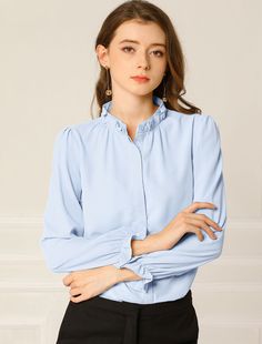 Shop Allegra K for Work Office Blouse Button Up Ruffle Collar Long Sleeve Chiffon Shirt you are looking for, get more women's Blouses for yourself. Order now! Free Returns！ Long Sleeve Chiffon Shirt, Stand Collar Blouse, Office Time, Fit Female, Office Blouse, Color Blouse, Coachella Fashion, Vintage Long Sleeve, Casual Work Outfit