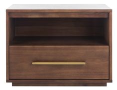 a wooden night stand with two drawers on one side and a gold drawer on the other