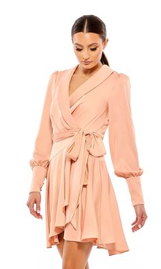 Salmon pink long sleeve short wrap party dress with tie waist Pink Semi Formal Dresses, Cocktail Dresses For Weddings, Mac Duggal Dress, Dresses For Weddings, Pink Party Dresses, Pink Cocktail, Light Salmon, Pink Wrap, Pink Cocktail Dress