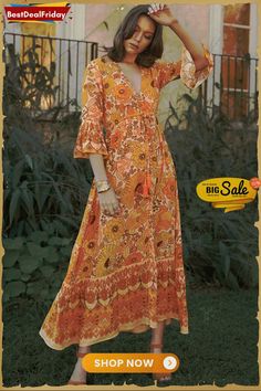 Bestdealfriday Orange Lady Love Maxi Dress P1480347 Spring Vacation Vintage Boho Dress, Vintage Boho Dress For Spring Vacation, Vintage Fall Beach Maxi Dress, Fall Beach Vintage Maxi Dress, Vintage Beach Maxi Dress For Fall, Vintage V-neck Maxi Dress For Day Out, Retro Printed Brunch Dress, Retro Printed Dress For Brunch, Spring Vintage Long Sleeve Boho Dress