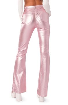 These flare-leg faux-leather pants give you a fierce edge and boost of confidence when you need it most. 45% polyester, 45% rayon, 10% spandex Hand wash, dry flat Imported Pink Leather Pants, Fashion Glossary, 2000s Pants, Aliyah Core, Core Outfits, Carpet Fitting, Random Clothes, Clothes Board, Oc Outfits