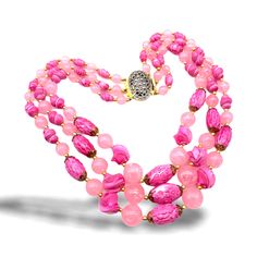 "Original 1960s necklace   Charming and enveloping,  vibrant color and beautiful Beads, many shades  and many forms for this necklace with three strands, in a cascaded design a jewel  perfect to brighten your day, very feminine and retro The strands cascade to 14\", 16\" and 18\" and it is finished by a lovely  ornate push clasp, in  silver/gold tone  with small cabochons imitation marcasite  In mint condition Shipping from Italy to the rest of the world: please note that shipping costs are rela Elegant Pink Beaded Necklace With Gemstone Beads, Unique Pink Beaded Necklace For Party, Unique Pink Necklace For Wedding, Unique Pink Beads For Jewelry Making, Pink Single Strand Jewelry For Party, Pink Necklaces With Polished Beads For Gifts, Pink Gemstone Beads Necklace For Wedding, Pink Costume Jewelry Beaded Necklace For Gifts, Pink Costume Jewelry For Evening