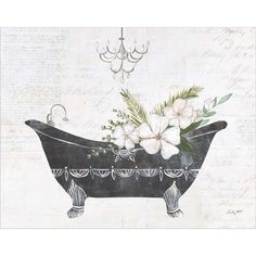 a drawing of a bathtub with flowers in it and a chandelier hanging from the ceiling