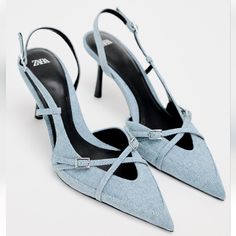 New With Tag Zara S/S Collection 2024 Heeled Denim Slingbacks. Front Straps With Buckle. Thin Heel. Pointed Toe. Back Buckled Strap Closure. Heel Height: 3.1 Inches (8cm) Blue| 3213/310 Upper 100% Cotton Lining 100% Polyurethane Sole 100% Polyurethane Thermoplastic Insole 85% Polyurethane 15% Cotton Denim Heels, Zara Heels, Shoes Heels Classy, Heels Outfits, Heels Classy, Zara New, Slingback Shoes, Denim Shoes, Slingbacks