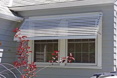 a house with a red plant in front of the window