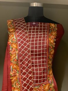 A stunningly marvellous outfit featuring Kashmiri Aari embroidery fused with hand Gota work. - - - - - - - - - - - - - - - - - - - - Product Details- Condition: Brand New- Colour: RedF A B R I CShirt: Viscose GeorgetteDupatta: ChiffonLower: Indian CrepeF I N I S HUnstitched/Semi-StitchedYou can get it stitched locally.47+ inches of Shirt Length and up to full sleeves length.StitchedWant something ready to wear, we can stitch it for you. Let us know the type of lining you require (cotton or shant Indian Party Wear Suits, Kashmiri Suits, Party Wear Suits, Suits Indian, Kashmiri Embroidery, Gota Work, Sari Blouse Designs, Indian Party, Indian Party Wear