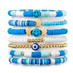 PRICES MAY VARY. Sky Blue Preppy Bracelets: The package comes with 7 pieces Heishi bracelets in different style. The bracelets set is collected and designed by kinds of special elements -beads, blue and white vinyl clay, smile, star, evil eye, and so on. Each of them is unique and attractive. Size Detail: The perimeter of stretch bracelets is about 6.2/7inch, which are suitable for most people wrist size. Besides, the bracelets are stretchable, it is convenient for your to wear and take off. Pre Heishi Bracelets, Layering Bracelets, Beaded Braclets, Preppy Bracelets, Preppy Jewelry, Surfer Bracelets, Polymer Beads, Clay Bracelet, Diy Bracelet Designs