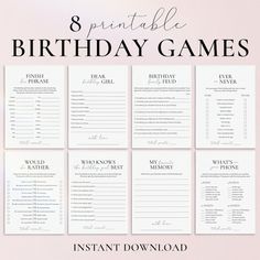 the 8 printable birthday games are on display in front of a pink background with black and