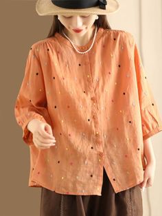 Women Casual Embroidered Polka Dot Ramie Shirt Orange Long Sleeve Blouse With Floral Embroidery, Casual Polka Dot Blouse For Spring, Casual Orange Embroidered Blouse, Orange Floral Embroidered Long Sleeve Top, Long Sleeve Orange Top With Floral Embroidery, Polka Dot Long Sleeve Top With Relaxed Fit, Relaxed Fit Cotton Polka Dot Tops, Long Sleeve Polka Dot Top With Relaxed Fit, Polka Dot Cotton Top For Fall