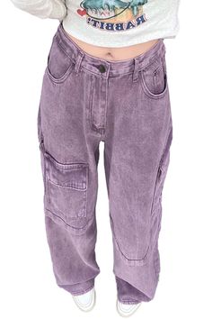 Soft Grunge Purple Wide Leg Jeans for Women Side Pockets Purple Straight Leg Pants With Cargo Pockets, Purple Straight Leg Bottoms With Cargo Pockets, Purple Cotton Cargo Pants, Purple Baggy Straight Leg Pants, Lavender Straight Leg Bottoms With Pockets, Trendy Baggy Purple Bottoms, Purple Baggy Pants For Fall, Purple Pants For Streetwear In Fall, Trendy Purple Relaxed Fit Jeans