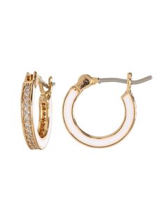 Dress it up or dress it down, our jewelry collection is filled with pieces that add instant polish.  Brass with gold finish.  Enamel accents.  Hypoallergenic, stainless steel backs are surgical grade, nickel free.  Length: 0. 5" (1. 3cm) Nickel-free White Huggie Earrings, Gold Enamel Hoop Jewelry, Trendy Gold Enamel Hoop Earrings, White Gold Plated Tarnish Resistant Hoop Earrings, White Gold Plated Tarnish-resistant Hoop Earrings, White Gold-plated Tarnish-resistant Hoop Earrings, Nickel Free Enamel Hoop Jewelry, Nickel-free Enamel Hoop Jewelry, Everyday Gold Enamel Earrings