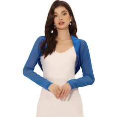 This sheer-sleeve shrug in a soft and lightweight fabric makes an easy, elegant top that can be worn cinched at the shoulder. Complete with fashion chiffon bolero shrugs running through the neck, highlighting the neckline. Perfect for slipping on over your occasions and events. This contemporary cover-up is designed for a clean, collarless silhouette so it is precisely cropped above the waist. Chiffon Bolero, Knit Poncho Sweater, Cropped Shrug, Women's Cardigans, Bolero Cardigan, Shrug Cardigan, Boho Kimono, Cropped Cardigan, Sheer Sleeves