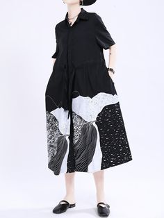 Loose Short Sleeves Contrast Color Drawstring Printed Tied Waist Lapel Midi Dresses Shirt Dress Cotton Dresses Summer, Dress Stand, Cotton Shirt Dress, Maxi Shirt Dress, Polka Dress, Summer Party Dress, Long Summer Dresses, Midi Shirt Dress, White Shirt Dress