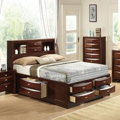 a bedroom scene with focus on the bed and drawers