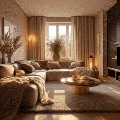 a living room filled with lots of furniture and a large window covered in curtains next to a coffee table