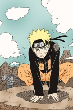 naruto is sitting on the ground in front of mountains