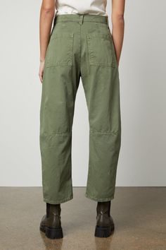 Crafted from a sturdy cotton twill, this casual trouser has a modern line with a subtle, vertical seam at the knee that lends a cool curved silhouette. Utilitarian-inspired patch pockets on the front and rear. Velvet Tees, Women Crafts, Utility Pants, Twill Pants, Casual Trousers, Clothing Inspiration, Women's Coats & Jackets, Back Patch, Pocket Design