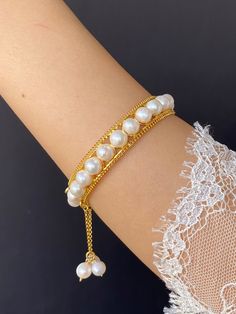 Gold Plated Silver Freshwater Pearl Bracelet, Wedding Pearl Bracelets, Delicate Pearl Bangles Wedding Handmade Jewelry bracelets and anklets by BirinciJewelry on Etsy Pearl Chain Bangle Bracelets For Wedding, Wedding Pearl Chain Bangle Bracelets, Elegant Handmade Wedding Bangle, Handmade Adjustable Pearl Bracelet For Wedding, Hand Wrapped Bangle Jewelry For Wedding, Wedding Bangle Jewelry Hand Wrapped, Adjustable Hand Wrapped Bracelets For Wedding, Wedding Hand-wrapped Bangle Jewelry, Wedding Hand Wrapped Bangle Jewelry