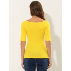 This stylish half-sleeve T-shirt boasts a flattering scoop neck and a sleek, slim fit. An essential piece for any wardrobe, this versatile top can be dressed up or down effortlessly. Pair it with your favorite jeans or denim shorts for a chic look. The stretchy, solid-color design ensures a figure-flattering fit and all-day comfort, allowing you to move with ease. Casual Fitted T-shirt With 3/4 Sleeves, Trendy Solid Color Scoop Neck Short Sleeve Top, Fitted Solid Boat Neck Tops, Solid Color Half Sleeve Tops For Spring, Trendy Solid Color Short Sleeve Scoop Neck Top, Spring Solid Color Half Sleeve Tops, Trendy Solid Color Short Sleeve Top With Scoop Neck, Solid Color Scoop Neck Short Sleeve Top For Summer, Spring Scoop Neck T-shirt In Solid Color