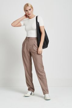 Off White Pleated Trousers - Archie Pants | Marcella Taupe Pants, Trouser Outfit, Tapered Trousers, Tapered Pants, Soft Summer, Office Outfits, Petite Size, Pants Outfit, Polished Look