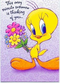 an image of a cartoon character with flowers on it's hand and the caption says, this very minute someone is thinking of you