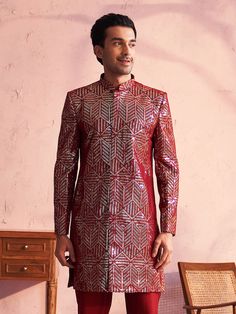 vastramay mens maroon georgette sherwani only top Maroon Fabric, Intricate Embroidery, Georgette Fabric, Maroon Color, Top Design, Packaging Labels, Modern Elegance, Mandarin Collar, Full Sleeve