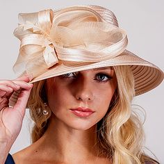 Such A Pretty And Feminine Hat! Church Hats With Short Brim, Elegant Evening Fedora For Spring, Chic Gold Hat For Kentucky Derby, Elegant Spring Evening Fedora, Elegant Beige Fedora, Elegant Party Fedora, Beige Boater Hat For Church, Elegant Wedding Fedora, Boater Hat With Short Brim For Races